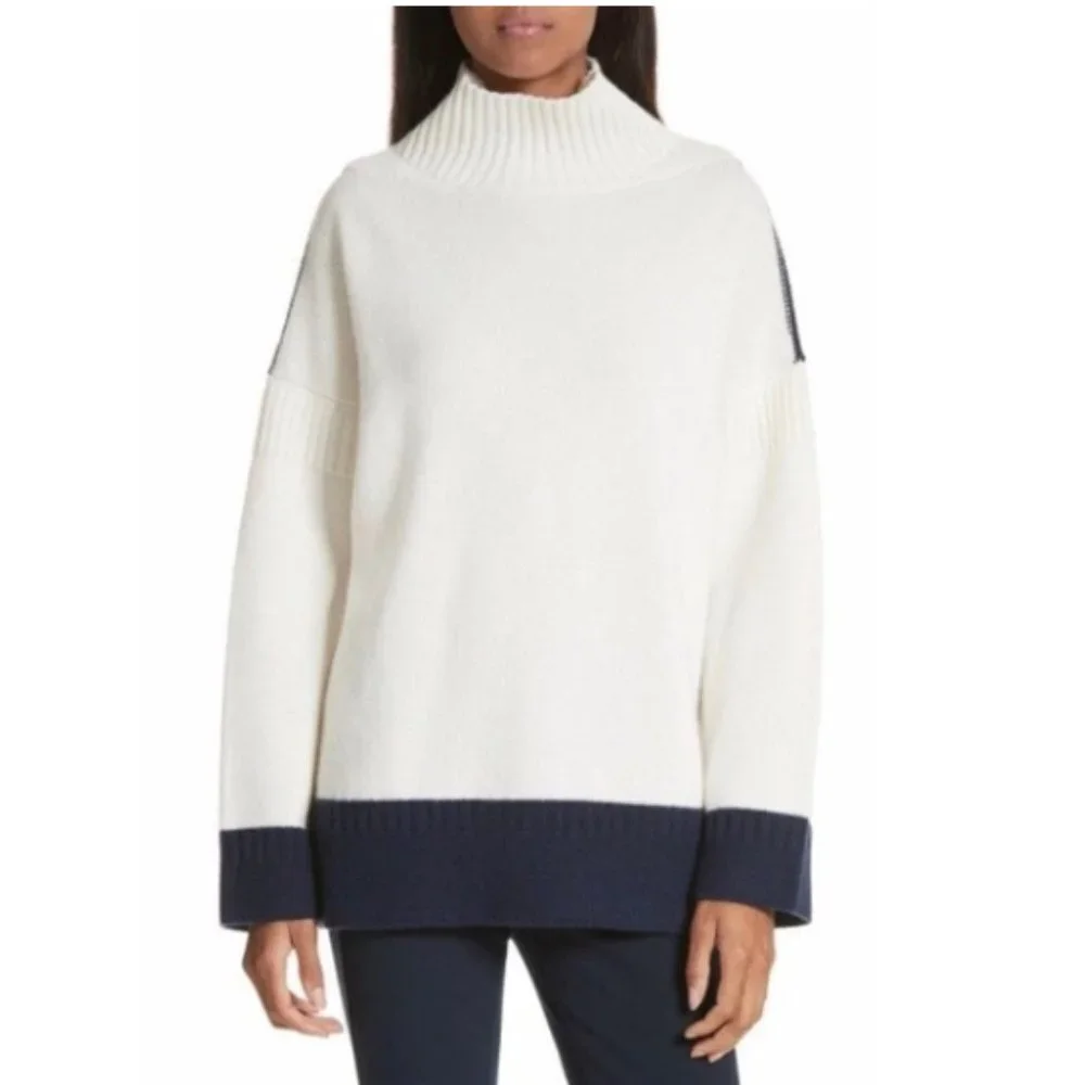 rag & bone White and Navy Funnel Neck Colorblock Sweater - Picture 1 of 16